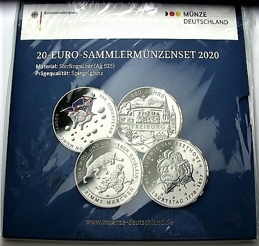 4 x 20 EURO 2020 Jaeger 646,648,650,651 Spiegelglanz im Blister
