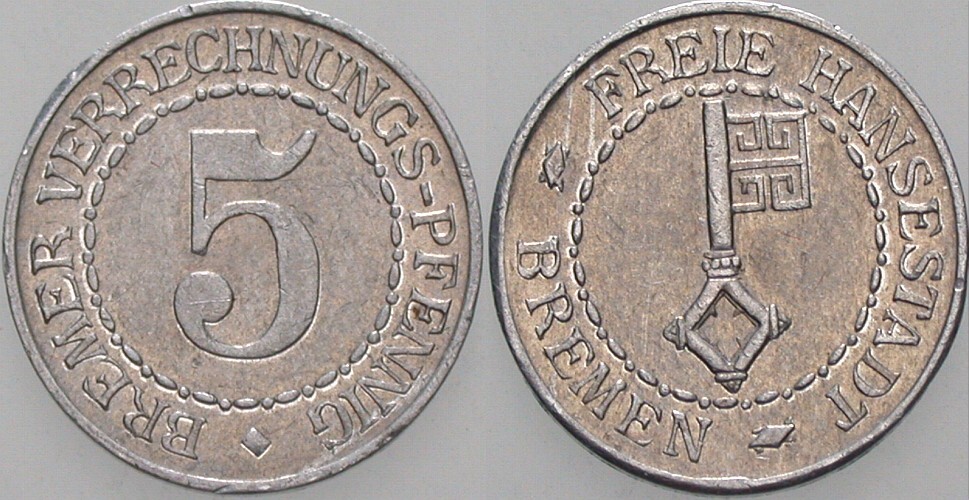 5 Bremer Verrechnungspfennig ohne Jahr Freie Hansestadt Bremen J. N.41 Vorzüglich