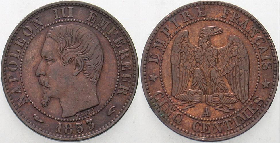 5 Centimes 1853 K.M. 777.1 Patina, sehr schön - vorzüglich