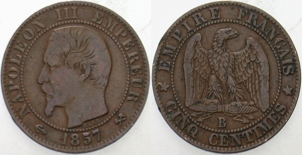 5 Centimes 1857 Gadoury 152 K.M. 777.2 Randfehler, sehr schön