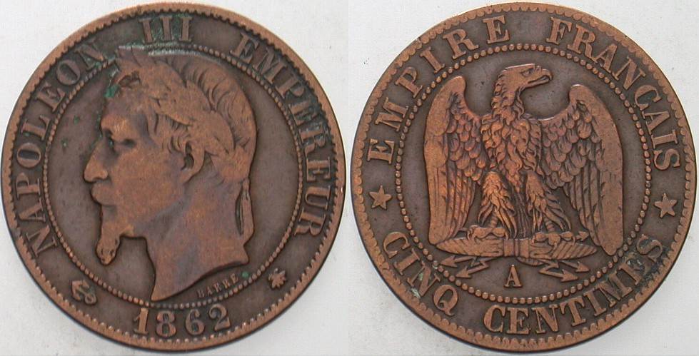 5 Centimes 1862 Gadoury 155 K.M. 797.1 Fast sehr schön