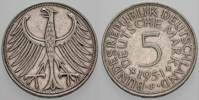 5 Deutsche Mark 1951 J. 387 Sehr schön