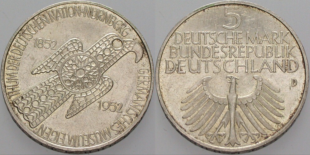 5 Deutsche Mark 1952 J. 388 Patina, fast Stempelglanz