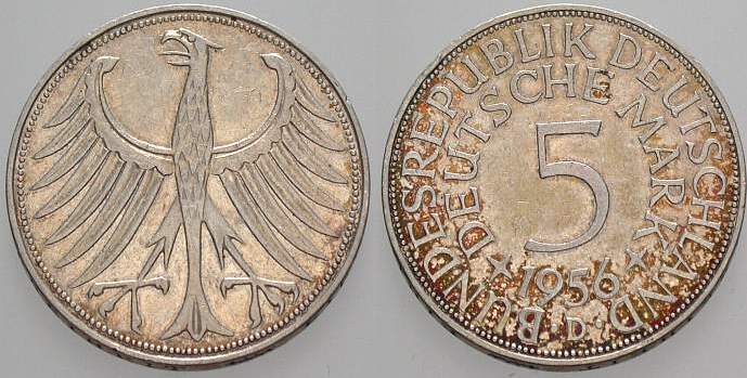 5 Deutsche Mark 1956 J. 387 Sehr schön