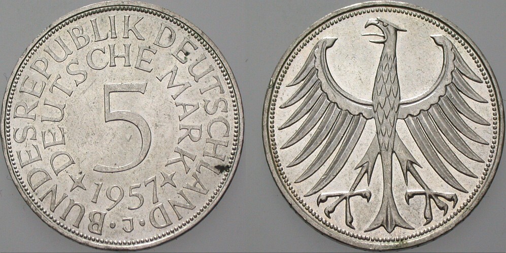 5 Deutsche Mark 1957 J. 387 Kl. Fleck, vorzüglich - Stempelglanz