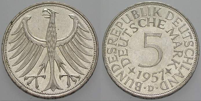 5 Deutsche Mark 1957 J. 387 Leichte Patina, vorzüglich - Stempelglanz