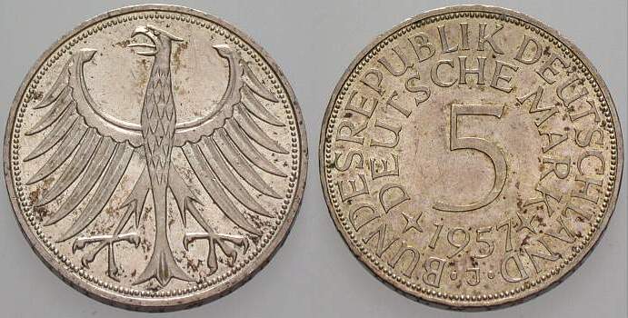 5 Deutsche Mark 1957 J. 387 vorzüglich - Stempelglanz