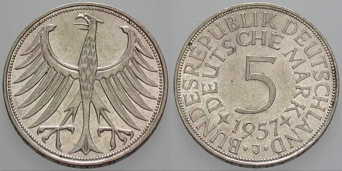 5 Deutsche Mark 1957 J. 387 Vorzüglich
