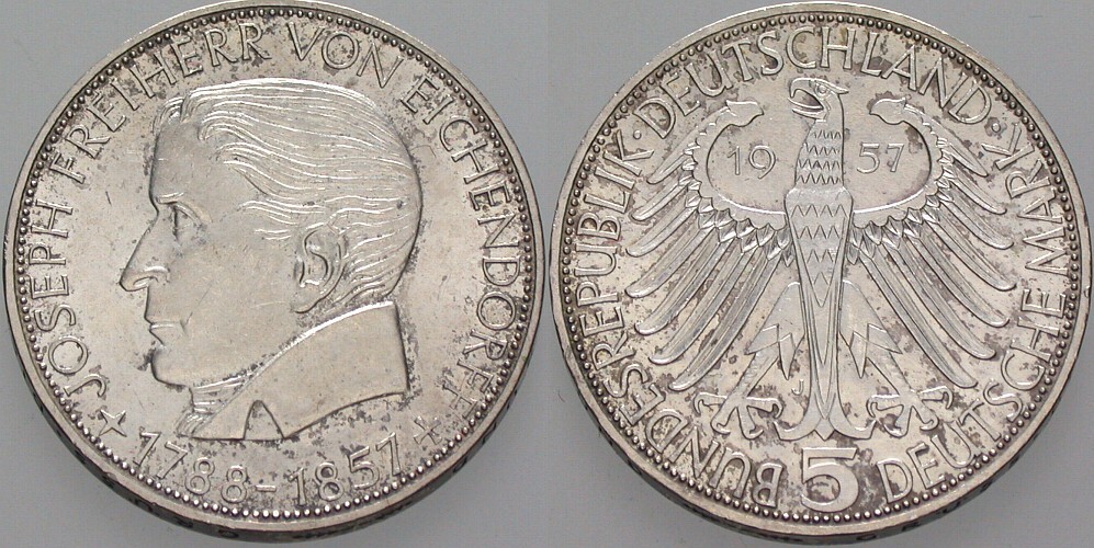 5 Deutsche Mark 1957 J. 389 Patina, vorzüglich +