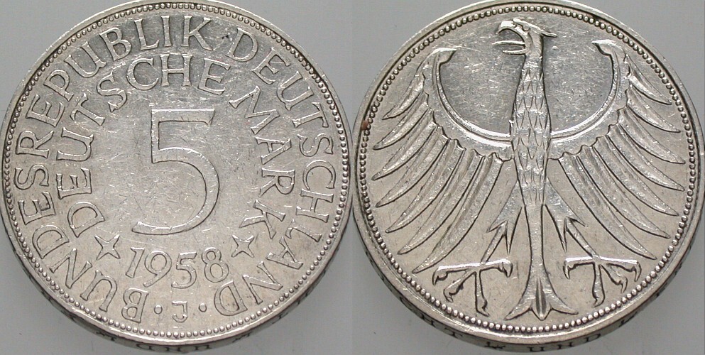 5 Deutsche Mark 1958 J. 387 Kl. Rdf., sehr schön - vorzüglich