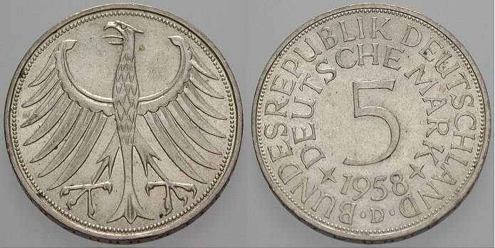 5 Deutsche Mark 1958 J. 387 Patina, vorzüglich +