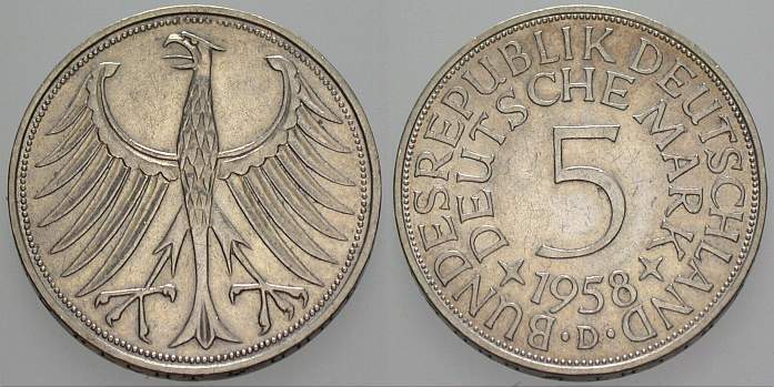 5 Deutsche Mark 1958 J. 387 sehr schön