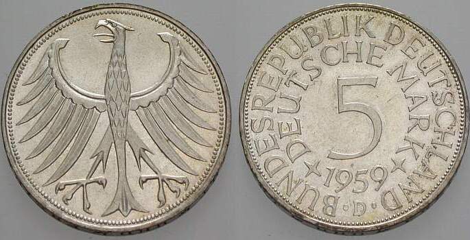 5 Deutsche Mark 1959 J. 387 Fast Stempelglanz