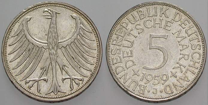 5 Deutsche Mark 1959 J. 387 Patina, vorzüglich +