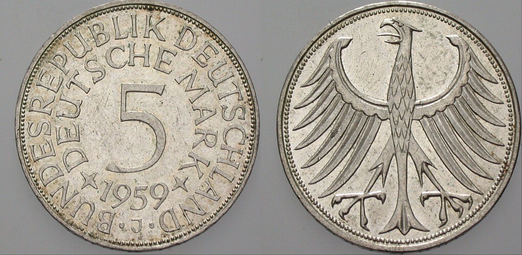 5 Deutsche Mark 1959 J. 387 Patina, vorzüglich - Stempelglanz