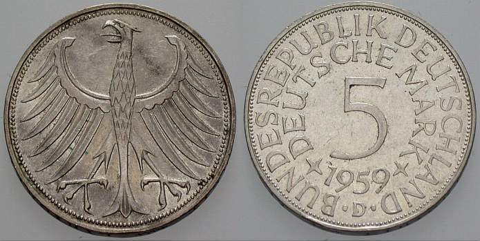 5 Deutsche Mark 1959 J. 387 Patina, vorzüglich