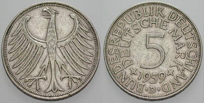 5 Deutsche Mark 1959 J. 387 Sehr schön
