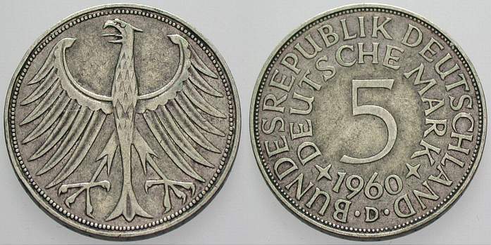 5 Deutsche Mark 1960 J. 387 Sehr schön