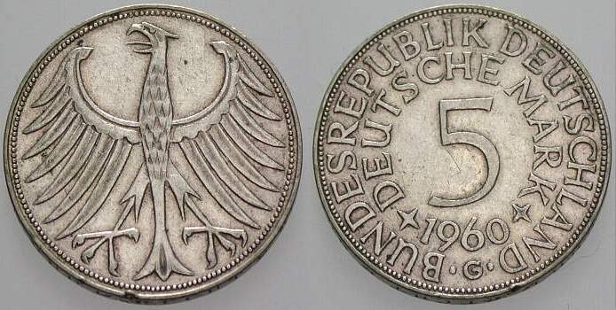 5 Deutsche Mark 1960 J. 387 vorzüglich