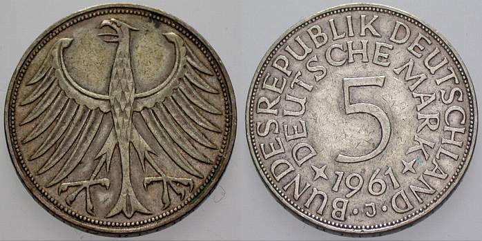 5 Deutsche Mark 1961 J. 387 Sehr schön