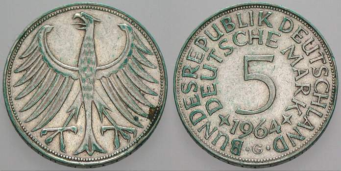 5 Deutsche Mark 1964 J. 387 Sehr schön