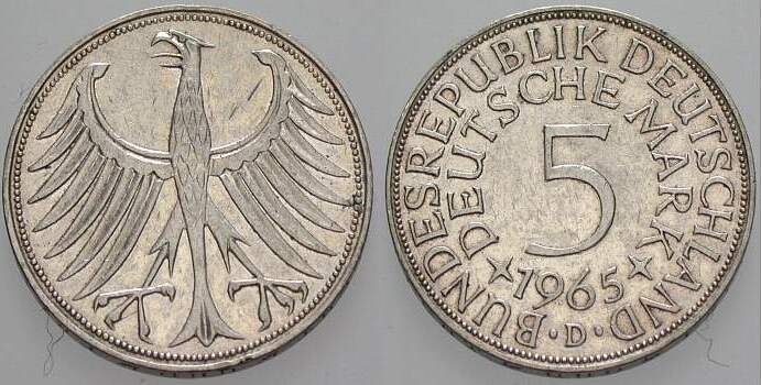 5 Deutsche Mark 1965 J. 387 Sehr schön