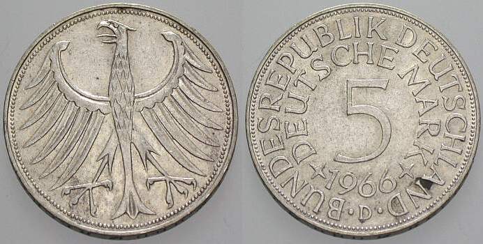 5 Deutsche Mark 1966 J. 387 Sehr schön