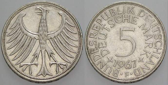5 Deutsche Mark 1967 J. 387 Sehr schön