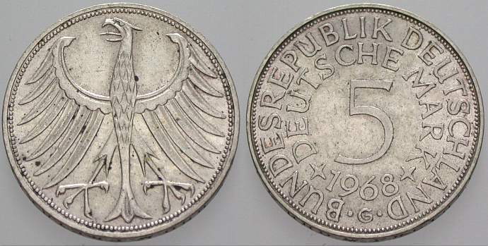 5 Deutsche Mark 1968 J. 387 Sehr schön/vorzüglich