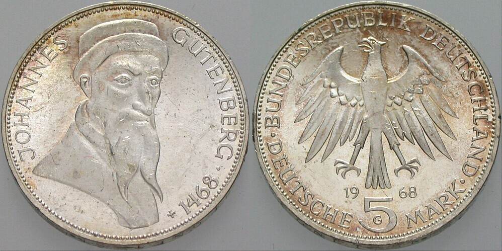 5 Deutsche Mark 1968 J. 397 Vorzüglich