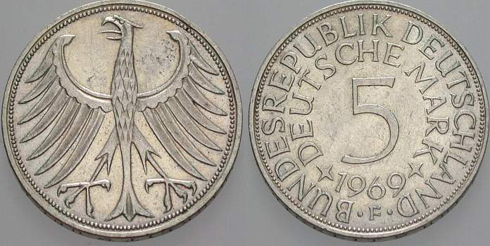 5 Deutsche Mark 1969 J. 387 Sehr schön/vorzüglich