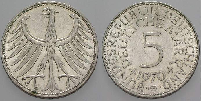 5 Deutsche Mark 1970 J. 387 Sehr schön/vorzüglich