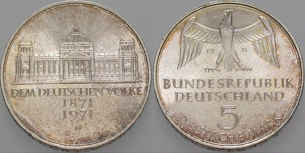 5 Deutsche Mark 1971 J. 409 Vorzüglich - Stempelglanz