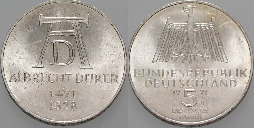5 Deutsche Mark 1971 J. 410 Vorzüglich - Stempelglanz