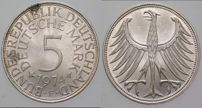 5 Deutsche Mark 1974 J. 387 Sehr schön/vorzüglich