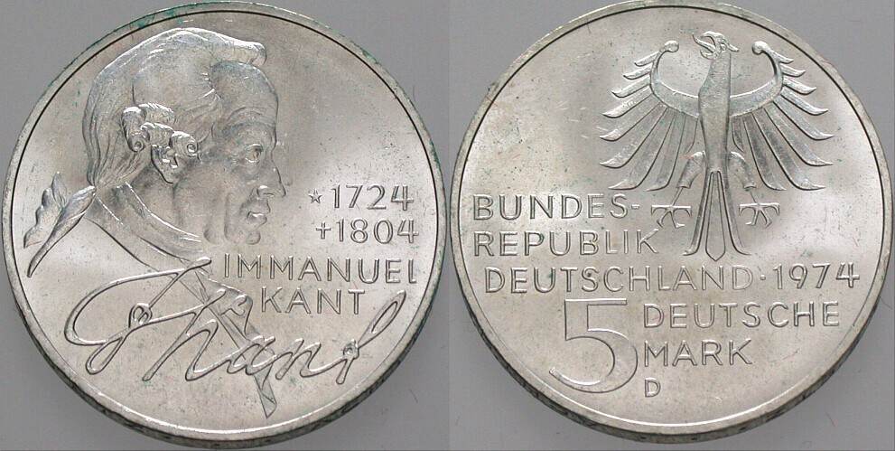 5 Deutsche Mark 1974 J. 414 Vorzüglich - Stempelglanz