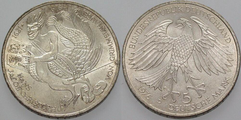 5 Deutsche Mark 1976 J. 419 Vorzüglich - Stempelglanz