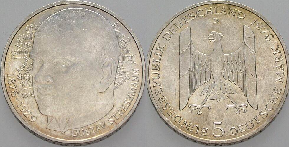 5 Deutsche Mark 1978 J. 422 Vorzüglich - Stempelglanz