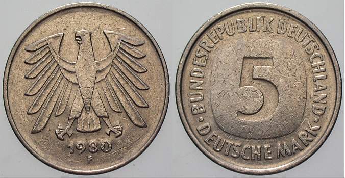 5 Deutsche Mark 1980 J. 415 Sehr schön