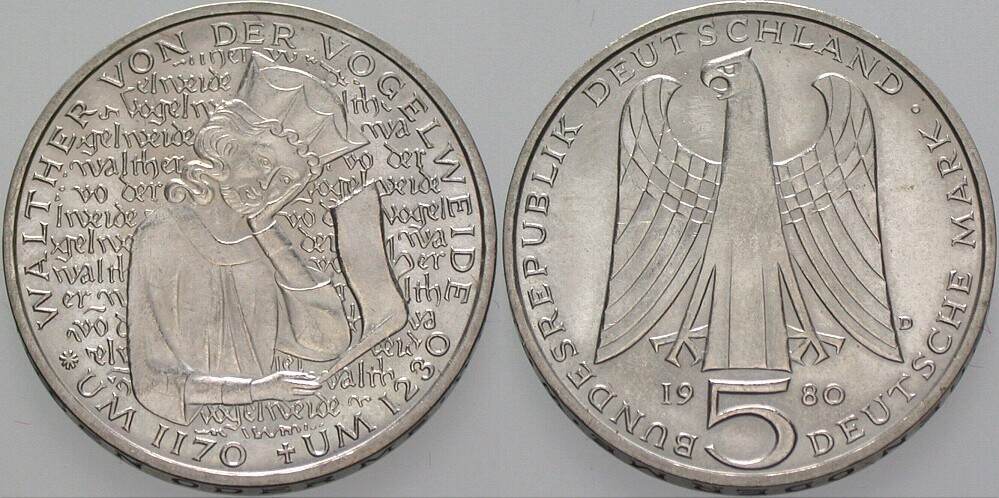 5 Deutsche Mark 1980 J. 427 Vorzüglich - Stempelglanz