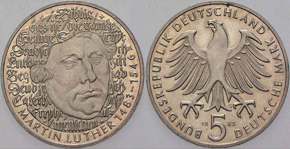 5 Deutsche Mark 1983 J. 434 Vorzüglich - Stempelglanz