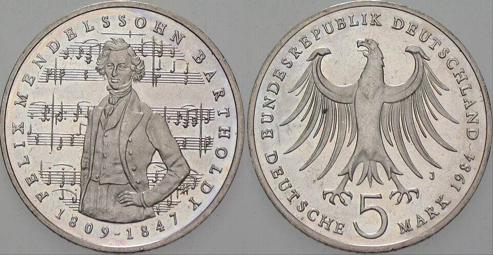 5 Deutsche Mark 1984 J. 436 Vorzüglich - Stempelglanz