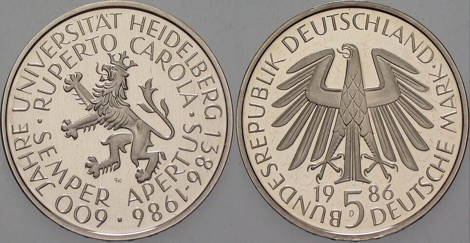 5 Deutsche Mark 1986 J. 439 Polierte Platte