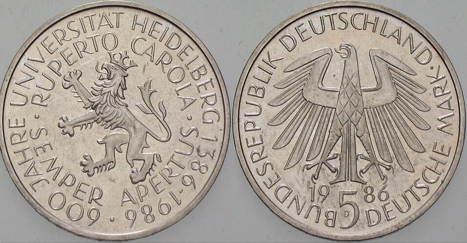 5 Deutsche Mark 1986 J. 439 Vorzüglich - Stempelglanz
