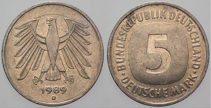 5 Deutsche Mark 1989 J. 415 Sehr schön