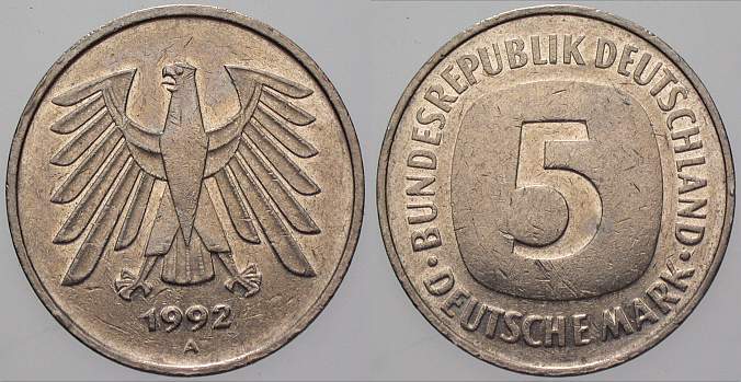 5 Deutsche Mark 1992 J. 415 Sehr schön