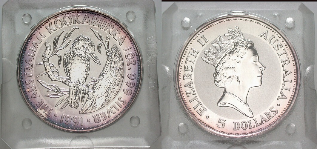 5 Dollar 1991 Patina, Stempelglanz, verkapselt