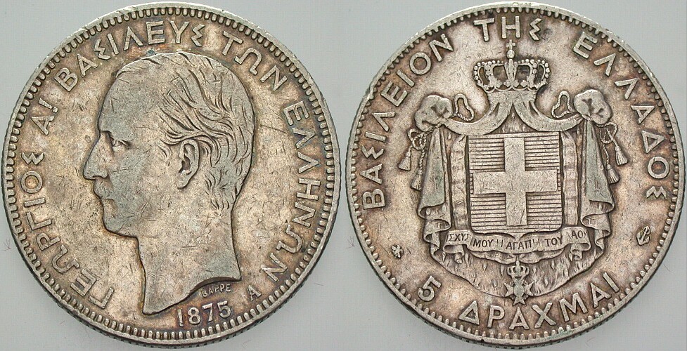5 Drachmai 1875 KM. 46 Wz. Kratzer, sehr schön
