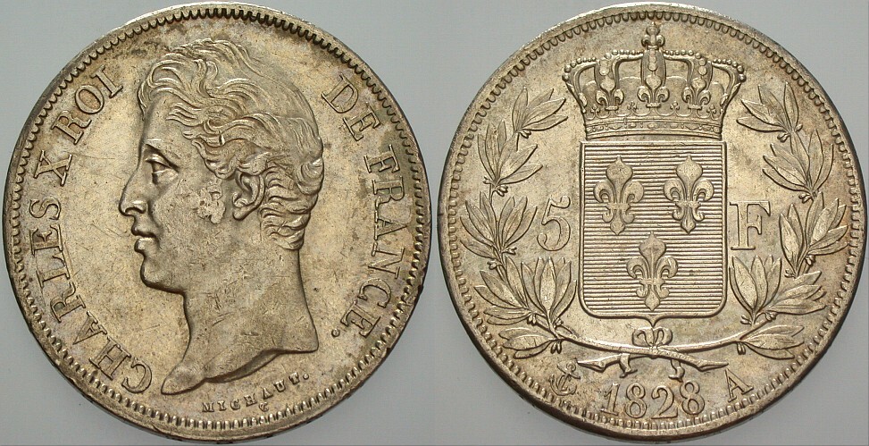 5 Francs 1828 Gadoury 644 Wz. Rdf., fast vorzüglich