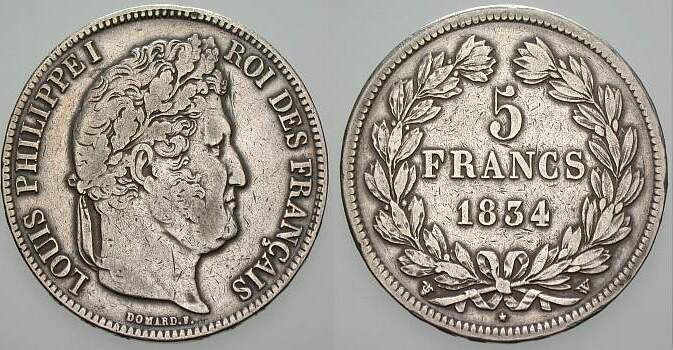 5 Francs 1834 K./M. 749.13 Fast sehr schön